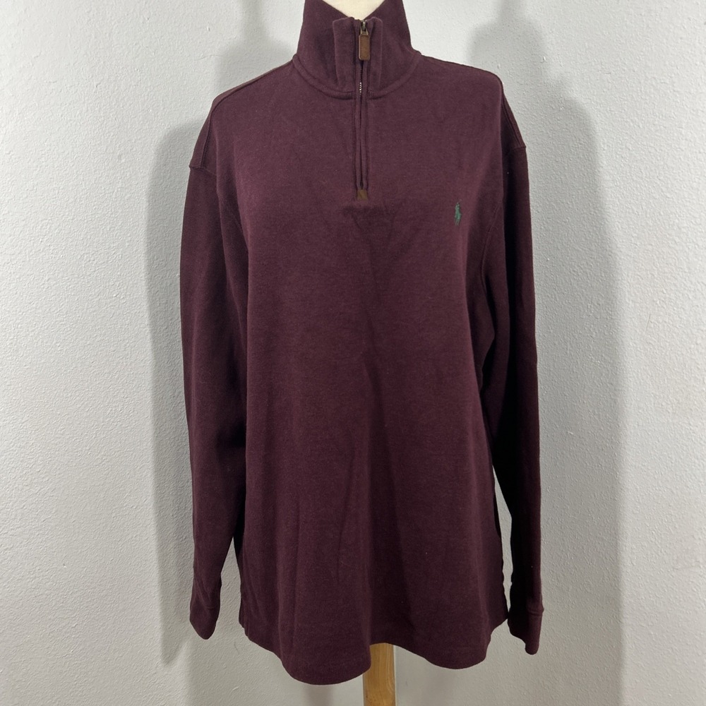 Polo Ralph Lauren Sweatshirt Mens XLT Burgundy Quarter Zip Pony Logo Preppy‎
